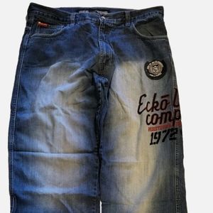 Vintage Y2K Echo Unlimited Mens Denim Patch Jeans Baggy Street Hip Hop 34"x30"